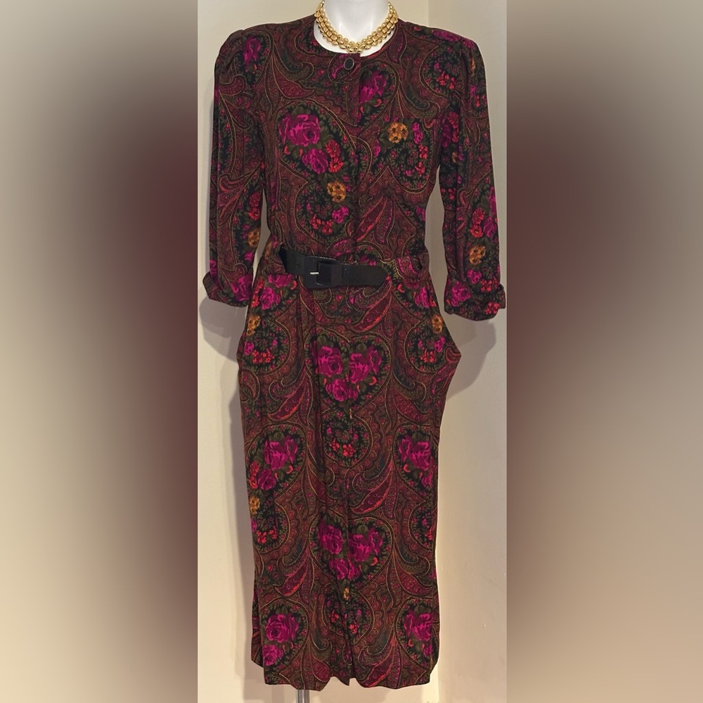 DAMON II Vintage Pink Brown Red Black Yellow Floral Dress Hidden Buttons Sz 14.